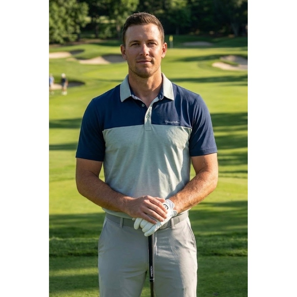 TravisMathew Mens XL Colorblock Polo Shirt Navy Sage Green Short Sleeve Golf